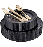 DaYammi 150Pcs Black Plastic Plates & Gold Plastic Silverware, Black Disposable Plates Set Includ...