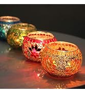 SHMILMH Glass Votive Candle Holder Set of 4, Diwali Tealight Candle Holders Handmade Mosaic Glass...