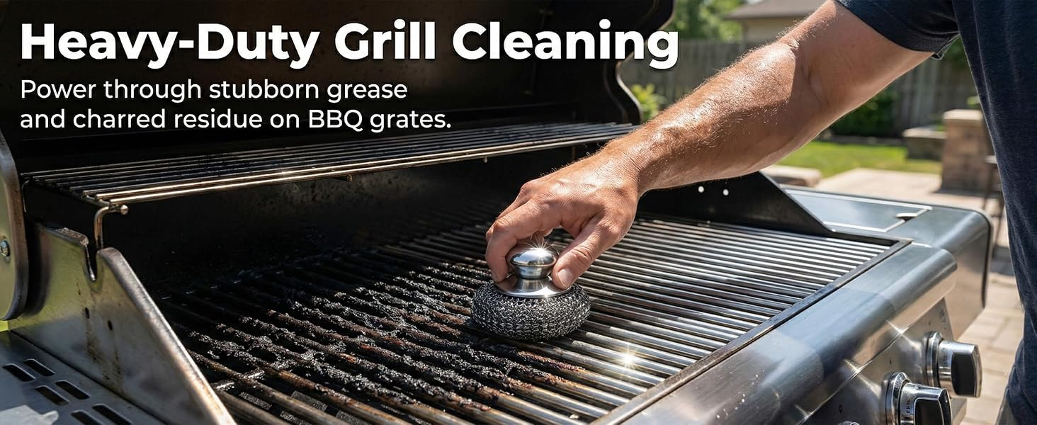 Stainless steel scouring pad with handle removing grease from BBQ grill grates