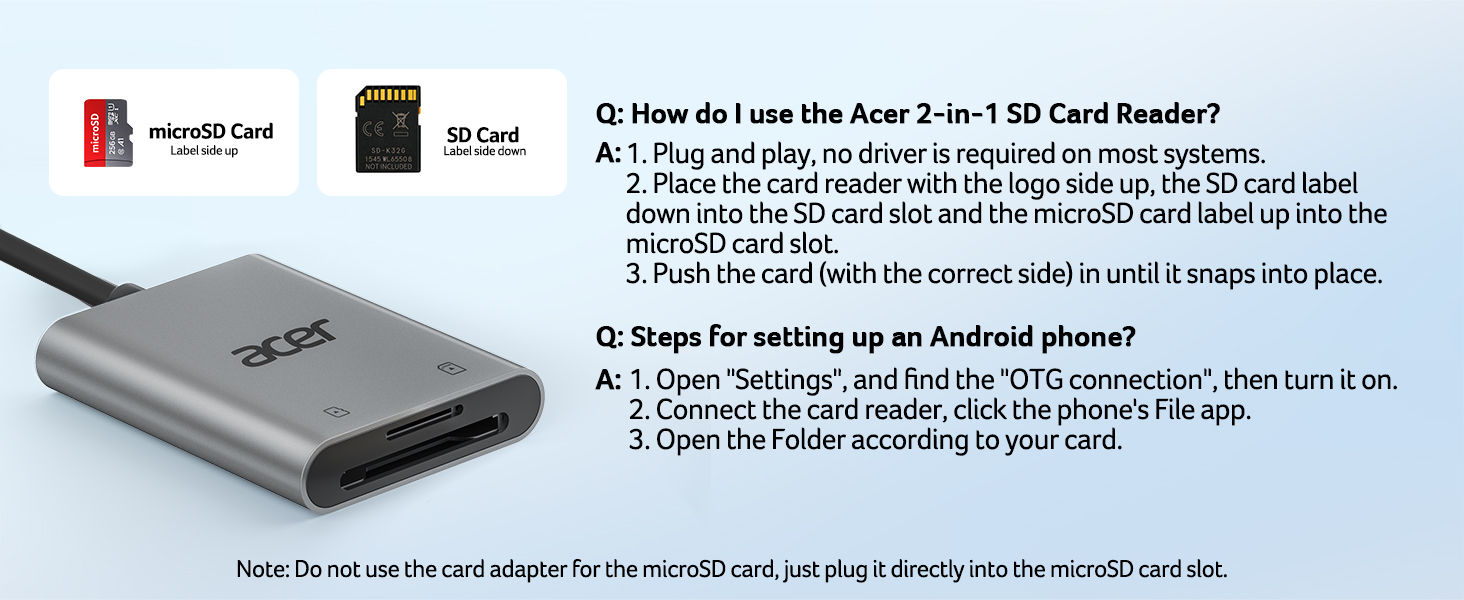 Acer 2-in-1 SD Card Reader with microSD and SD card slots. Gray device with usage instructions for connecting to Android phones and inserting cards correctly.