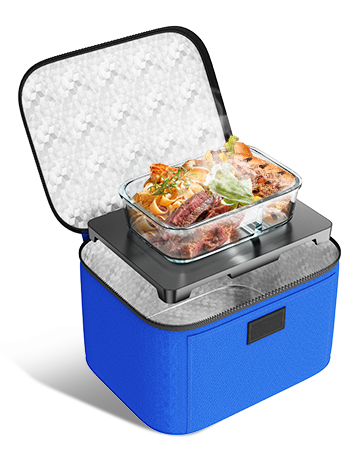 Series of images showing a blue portable cooler or storage container with silver interior and red bow decoration on top.