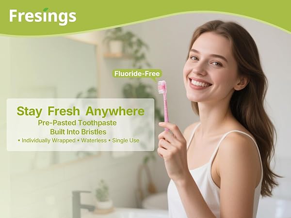 Pre-pasted toothbrush with toothpaste in bristles, individually wrapped, waterless single-use