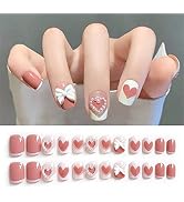 Pearl Heart Press On Nails Short French Tip, False Nails Designs With Love Bow Full Cover Bowknot...