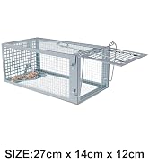 Text reads 'SIZE:27cm x 14cm x 12cm'. Metal wire mesh animal trap or cage shown from multiple angles, featuring a single-door design with wire grid construction.