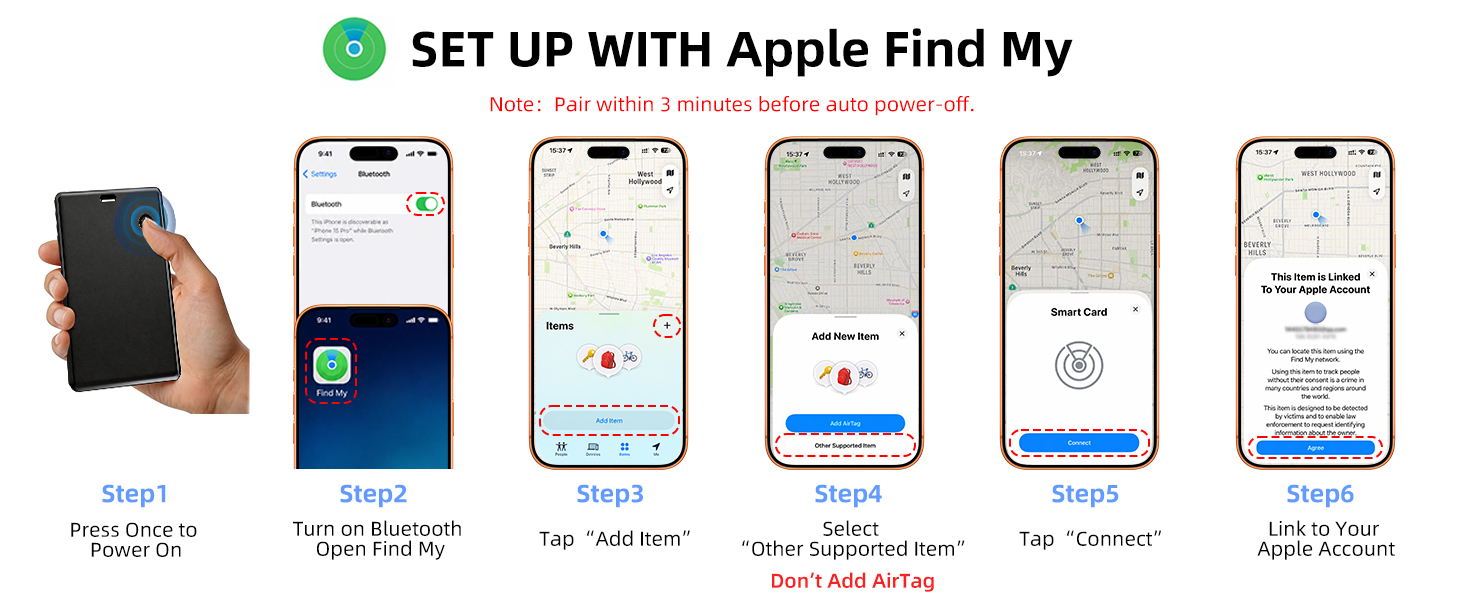 Six-step guide to pair the T2 tracker card with Apple Find My on an iPhone