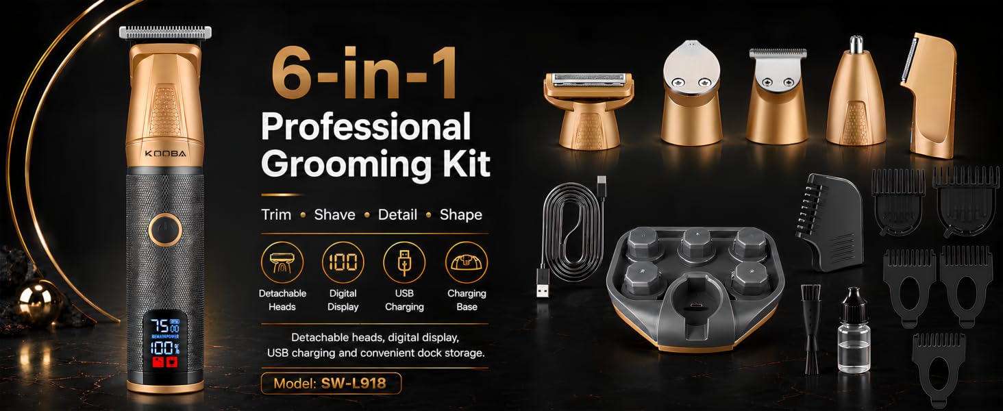 KOOBA 6-in-1 magnetic beard trimmer grooming kit with clipper nose trimmer and charging base