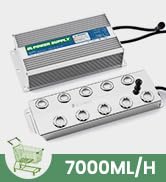Rectangular power supply unit with connected LED components. Text indicates 7000ML/H capacity specification.