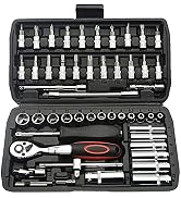 TILIBOTE Socket Wrench Set, 53PCS 1/4 Inch Ratcheting Wrench Set And Extension Bar Gimbal Slide B...