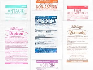 assorted medication unit dose packaging antacid diphen ibuprofen aspirin sinus relief diarrhea