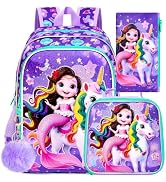 ZLYERT 3Pcs Backpack for Girls, 16" Unicorn Kids School Backpacks with Lunch Box, Mermaid Bookbag...