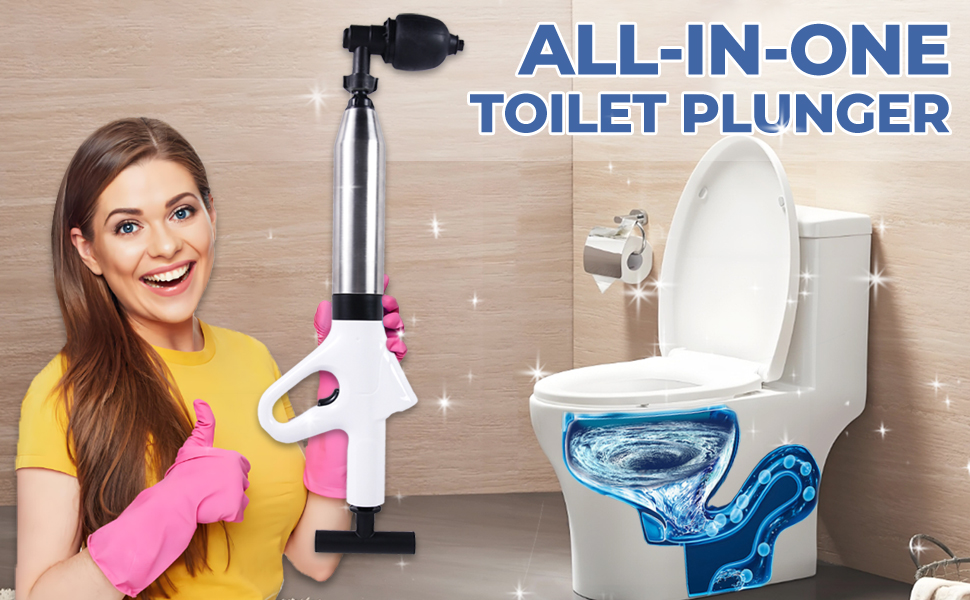 Toilet Plunger, Stainless Steel Drain Clog Remover Tool, High Pressure Air Drain Blaster Powerful