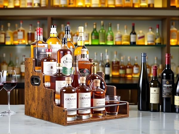 Large bottle display stand for liquor bar, tiered wood shelf for whiskey & wine collection.