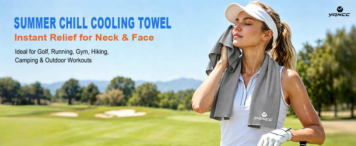 Woman using cooling towel on golf course