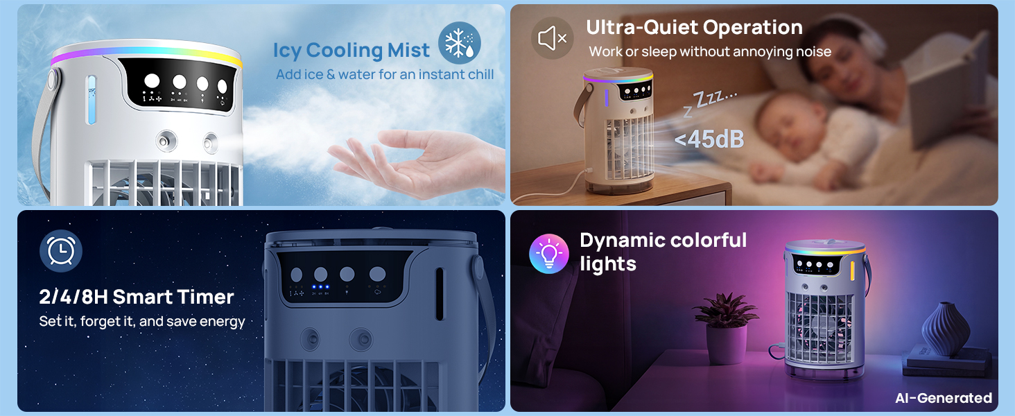 portable ac fan features mist function, quiet operation, 2/4/8H timer, and colorful lights