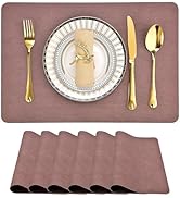 SLKQG Set of 6 Faux Leather Placemats - Waterproof, Wipeable, Heat Resistant - Anti-Stain, Spill-...