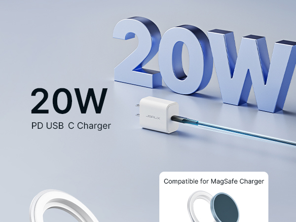 20W PD USB-C charger with white rectangular adapter and blue cable. Large '20W' text in background. Compatible with MagSafe charger, shown as circular icon.