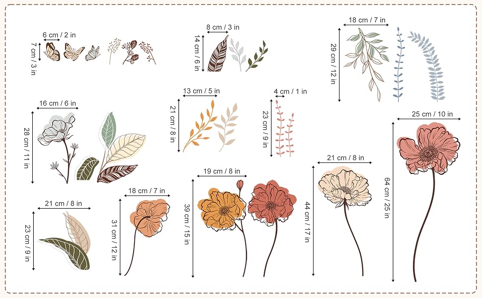 Botanical illustration chart showing various plants and flowers with measurements. Includes delicate sketches of leaves, stems, and blossoms in earthy colors.