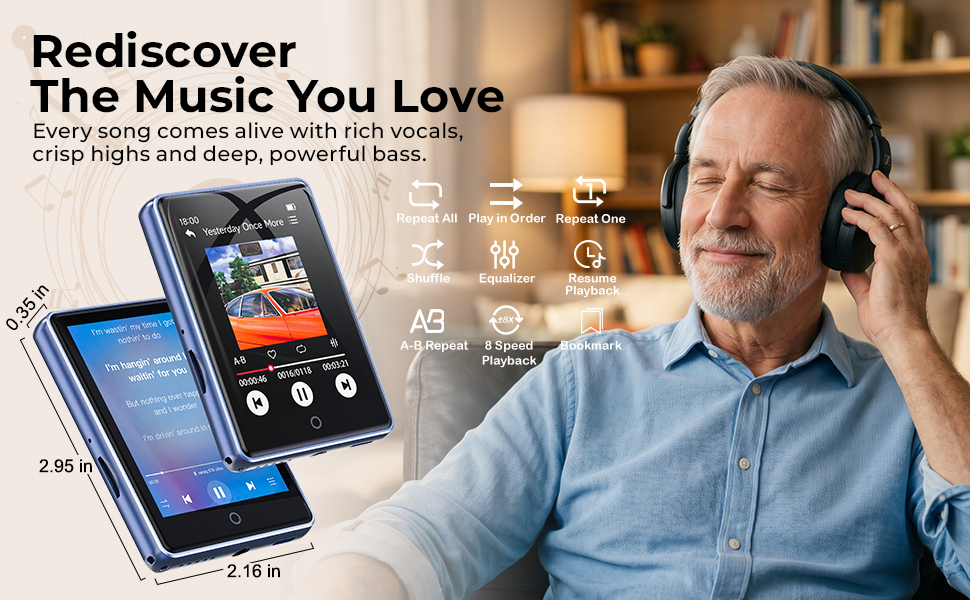Portable MP3 Player Bluetooth No WiFi Touchscreen Music Player HiFi Sound FM Radio Voice Recorder
