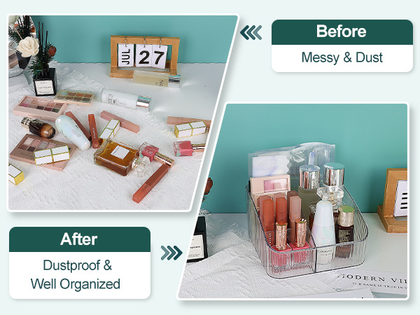 Before/After comparison showing messy cosmetics transformed into organized display using clear acrylic organizers. Text reads 'Before: Messy & Dust' and 'After: Designed & Well Organized'.