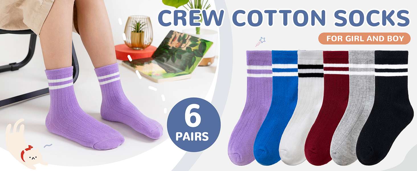 Kids Crew Cotton School Socks Youth Cute Casual Breathable Little Girls Boys Dress Socks 6 Pairs