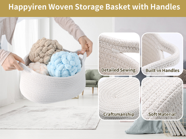 White woven cotton storage basket with soft pom-poms, showing detailed sewing and built-in handles
