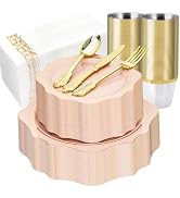 Realluck 350 PCS Pink and Gold Plastic Plates, Gold Disposable Plates for 50 Guests, Includes 100...