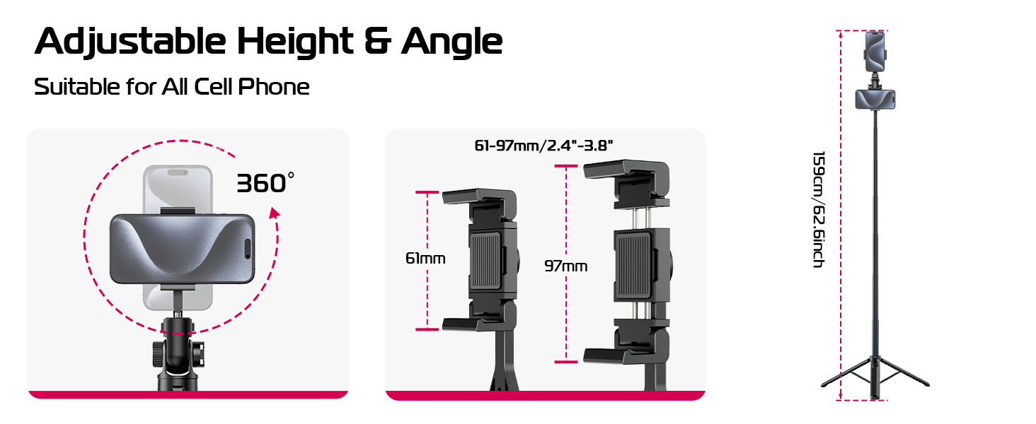 Our mobile phone and camera tripod adopts a 180-degree front and rear tilt adjustment design