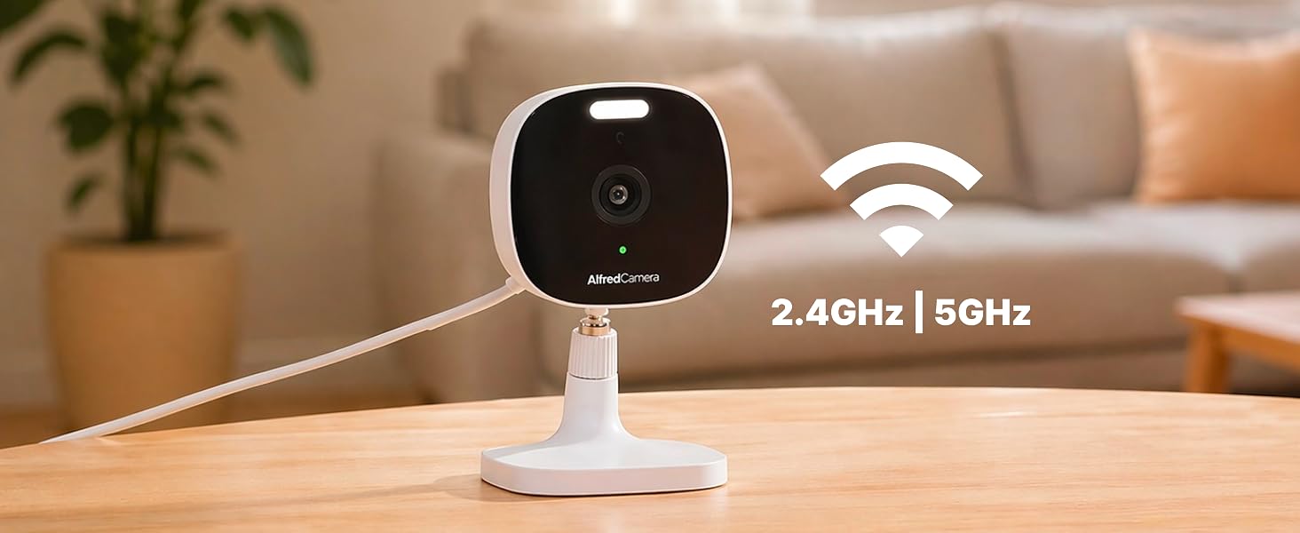 AlfredCam Plus 2 on table showing dual-band Wi-Fi support for stronger, seamless connections.