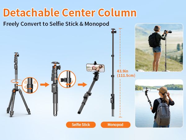 Detachable Center Column is Converted to Selfie Stick & Monopod Freely