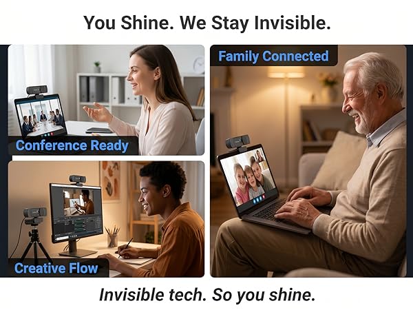 Confident woman, happy grandparent, creator. Text: You shine, we stay invisible.