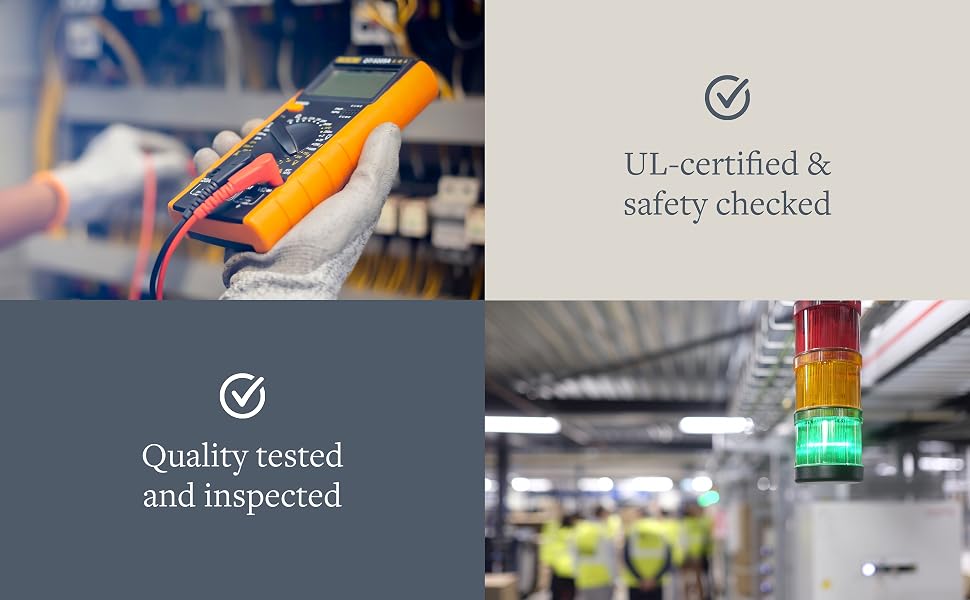 Hand holding an orange multimeter. Quality tested and inspected. Factory signal. UL certified