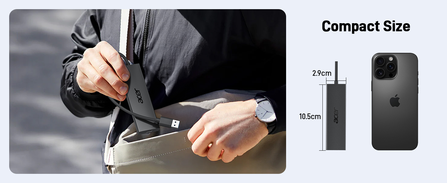 Compact electronic device being inserted into a laptop bag. Side panel shows size comparison with smartphone, device measures 79cm in length.