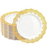 QualQuot 60PCS Gold Lace Plastic Plates, 10 Inch Disposable Dinner Plates Heavy Duty for Party, w...
