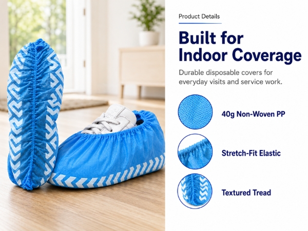 Blue disposable shoe covers showing elastic fit and textured tread pattern