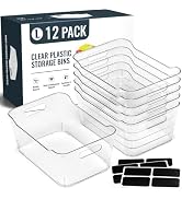12 PACK Multi-Use Clear Plastic Storage Bins for Organizing w/Labels - Home, Kitchen, Pantry, Bat...