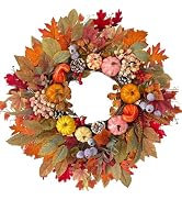 HipTree 24In Fall Wreath Pumpkin Maple Berry Front Door Thanksgiving Decor | Handcrafted Harvest ...
