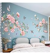 Removable Large Flowers with Tree Branches Wall Stickers – DIY Peony Floral Birds Wall Decals, Pe...
