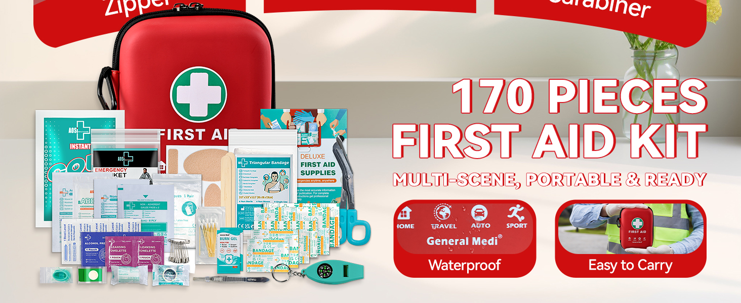 Text reads 'FIRST AID KIT 170 PIECES'. Red first aid kit with multiple compartments shown with contents displayed, including bandages and medical supplies. Waterproof and easy to carry.