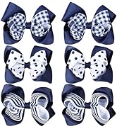 Whaline Hair Bow Clips, 6Pcs Back to School Uniform Hair Accessories, Navy Blue Plaid Stripe Dot ...