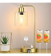 Gold Industrial Table Lamp with USB A+C Ports & Outlet, Fully Stepless Dimmable Modern Nightstand...
