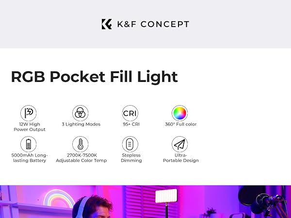 Text reads 'K&F CONCEPT RGB Pocket Fill Light' with icons showing features: High CRI 97+, 5 Lighting Modes, Adjustable Color Temp, RGB Color Control, Water Resistant, Rechargeable, Dimming, and Portable Design.