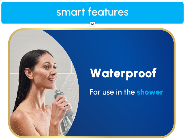 Image of Waterpik Cordless Advanced water flosser with text reading waterproof for use in the shower