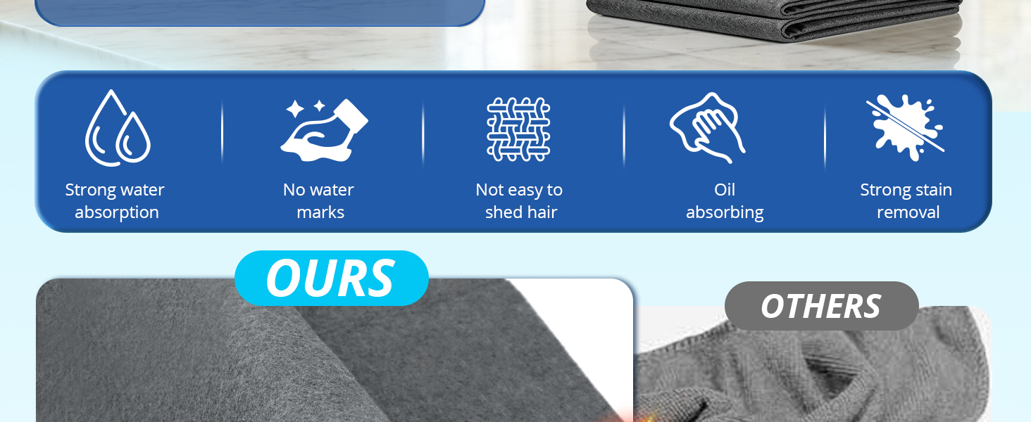 Comparison of our soft, durable, anti-pilling cleaning cloth vs. easily deformed competitors.