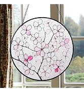 SITUMEIZI Stained Glass Window Hanging, Cherry Blossom Flower Glass Panel Suncatcher, Window Deco...