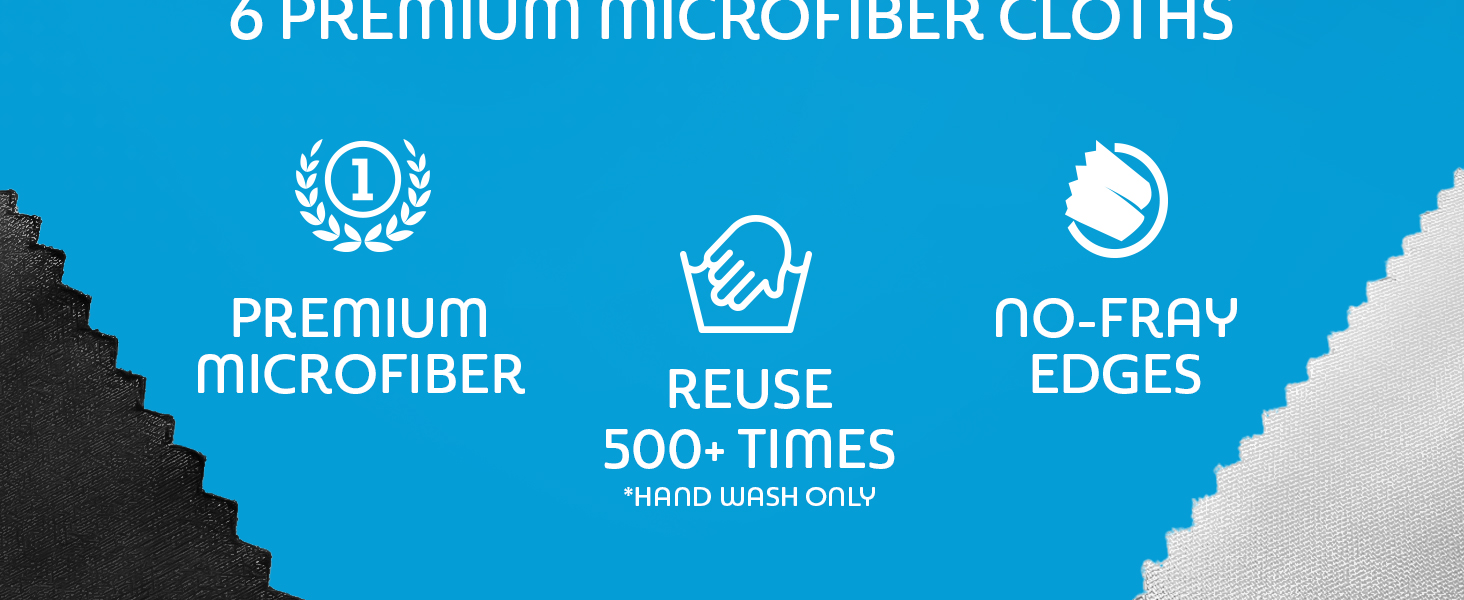 Premium Microfiber Cloths. Reuse 500 times. Non-Fray Edges