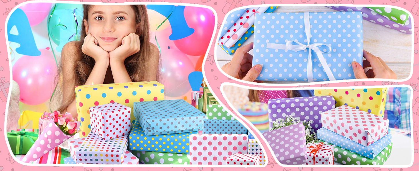 Collection of colorful polka dot wrapped gift boxes in various sizes and patterns, displayed against pink and blue party decoration background.