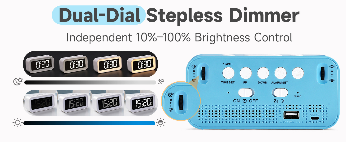 dual dial stepless dimmer alarm clock rotary wheel brightness control 10-100 percent nightlight