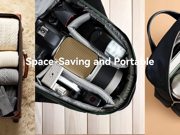 Text reads 'Space-Saving app part 4'. Collection of images showing various items packed in a black bag or case.