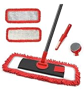 Red microfiber floor mop set with adjustable handle, two replacement pads, small brush attachment, and circular cleaning pad holder.