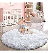 FlyDOIT White Round Rug for Bedroom, Super Fluffy Circle Rugs for Baby Nursery, 4'X4' Feet Furry ...